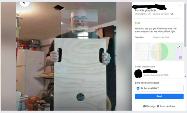A guy holding up a 50 dollar home made portable gloryhole
